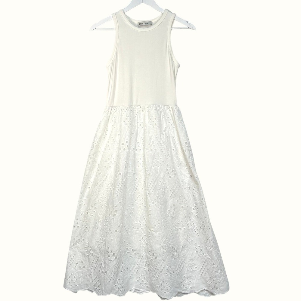 Grace Karin White Eyelet Maxi Dress Women Size S‎ Sleeveless Pockets Summer Boho